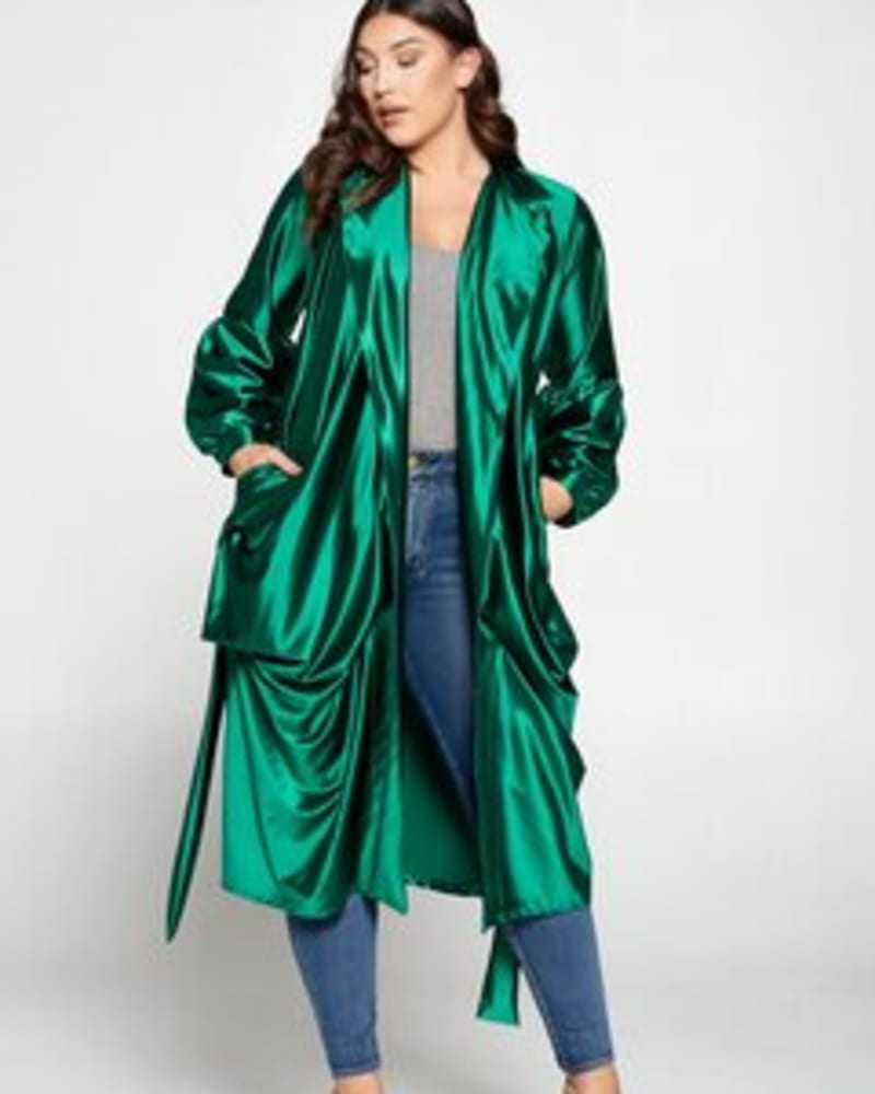 Front of a model wearing a plus size Lyla Satin Belted Coat in Satin Emerald Green by L I V D. | dia_product_style_image_id:240838
